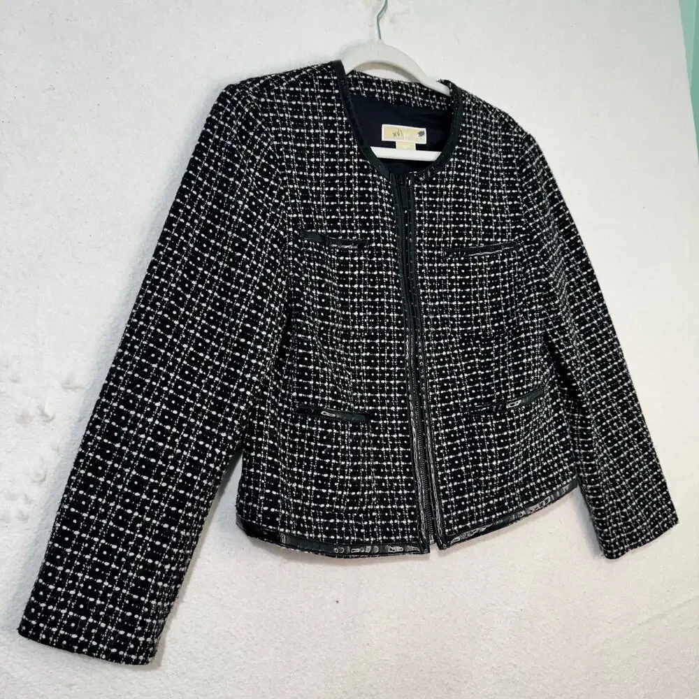 Michael Kors Black White Wool Tweed Blazer Jacket Patent Leather Trim Petite 12